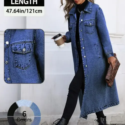 【Black Friday】Women's Button Front Denim Coat, Stylish Casual Long Sleeve Denim Coat, Jean Outerwear for Spring & Fall, Women's Clothing for Daily Wear