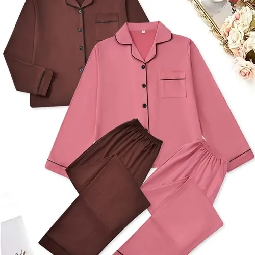 Women's 4-Piece Sleepwear Set, Collared Cardigan, Solid Color, Long Sleeve Long Pants, Comfortable Home Wear Loungewear, All Seasons
