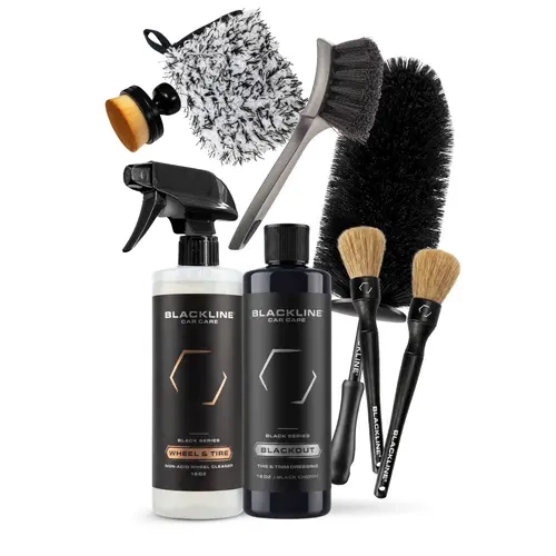 BLACKLINE Blackout Trim & Tire Dressing Clean Car Complete Kit - Gel/Spray Options, Tire Cleaner, Boar's Hair Wheel Barrel Brush, Wheel Mitt, Pro Tools, No-Sling Deep Black Shine, Durable Formula, Enhanced Depth Experience