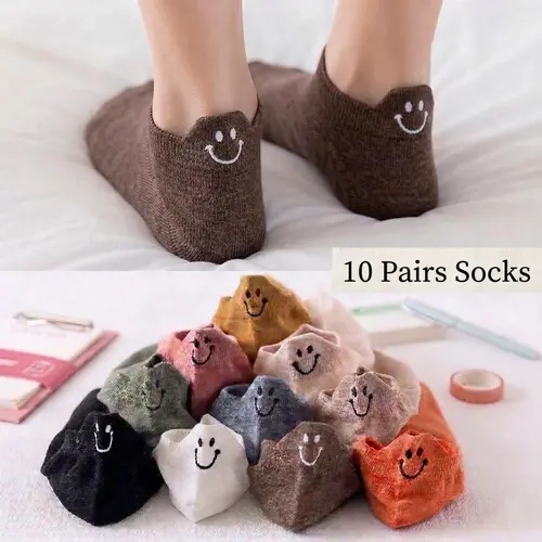 Women's 10 Pairs Basic Cute Smiley Face Embroidery Casual Stylish Socks - Breathable Cotton-Polyester Low-Cut Cool Wash Ankle Boat Socks, Lightweight Anti-Slip Comfy All-Season Hosiery for Gym, Back to School, Comfortable Breathable Lightweight Ankle Sock