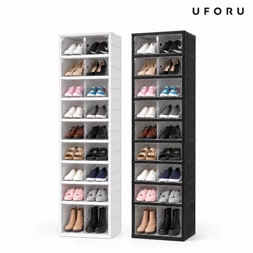 UFORU 9-Layer Black Vertical Collapsible Shoe Storage Rack - Magnetic Transparent Door Plastic Shoe Cabinet, Stackable Sturdy Space-Saving Organizer for Sneakers (Holds 18 Pairs), No Installation Required for Wardrobe Dorm Room, Households Dorm Room Ideas