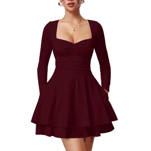 OYS Women's Casual Square Sweetheart Neck Long Sleeve Ruched Waist Tiered Ruffle A Line Cocktail Party Club Mini Dress with Pockets