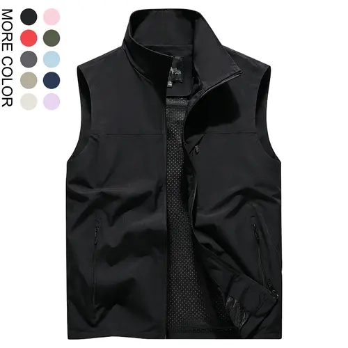 Men’s solid-color hooded vest jacket with stand collar and multiple pockets; multifunctional outdoor windproof and waterproof casual sports vest; regular-fit outdoor fishing vest; men’s outerwear suitable for all seasons.