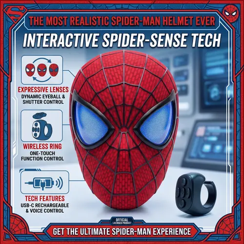 Marvel 1:1 Scale Spider Costume Mask for Adults & Teens (26cm, 19x11cm), Remote Control Plastic Mask with Skin-friendly Red & Blue LED Lights, Unique Design, Ideal for Halloween & Parties