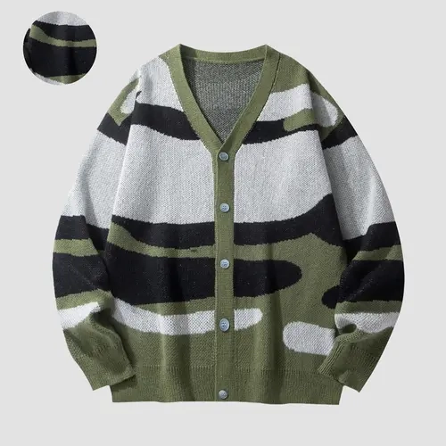 SAND SOUND Women's Essential Oversized V-Neck Long-Sleeve Knit Cardigan - Button-Down, Vintage Camo Wavy Color Block, Slouchy, Funky Everyday Tops for Women, Y2K Grunge Streetwear, Autumn Casual Knitwear Piece