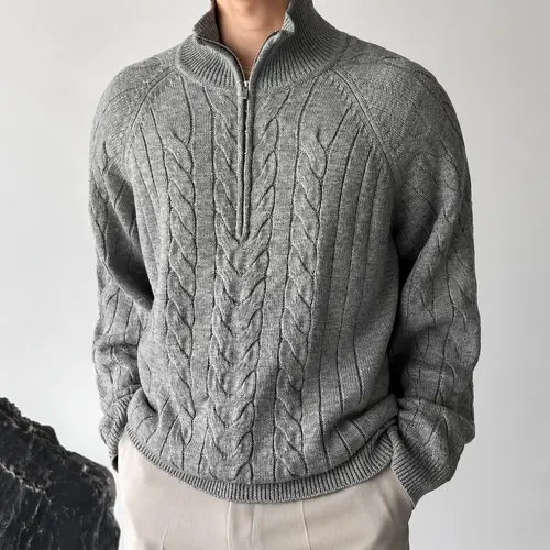 SAND SOUND Men's Chunky Cable Knitwear - Loose Knit Pullover, Oversized Half-Zip Mock Neck Comfy Polyester Longsleeves Top for Fall Winter Thanksgiving Streetwear