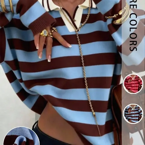Women's Striped Polo Neck Knit Sweater, Spring Fall Loose-Fitting Long Sleeve Casual College Style Pullover, Comfortable and Stylish, Casual Pullovers