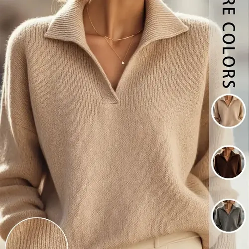 Women's Lapel V-Neck Knit Sweater, Loose Fit Casual Long-Sleeve Top, Fall & Winter Fashion, Comfortable Pullover for Daily Wear, Casual Pullovers