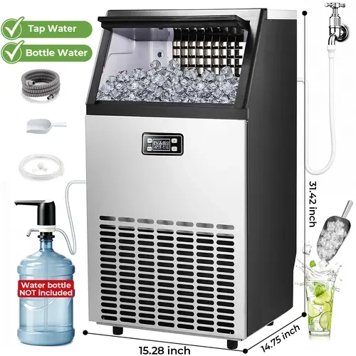 Kismile 2026 Upgraded Commercial Rectangular Icemaker, 66 lbs/24h, 80lbs/24h, 100 lbs/24h, 120lbs/24h Output, 33 lb Storage Bin, Self-Cleaning Stainless Steel Freestanding Unit with LCD Control for Commercial, Residential Use