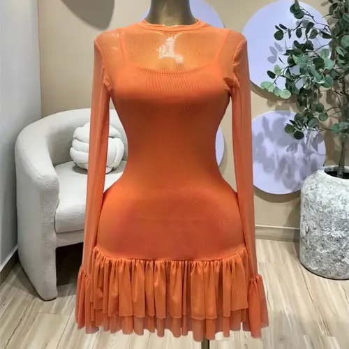 PULKRITU Elegant Women's Mesh Long Sleeve Wrap O-Neck Ruffle Mini Prom Dress, Sexy Beach Vacation Dress,Evening Party Outfit Dress,Cocktail Party Dress,Lady Casual Skirt,Female Urban Relaxation Commuter Dress