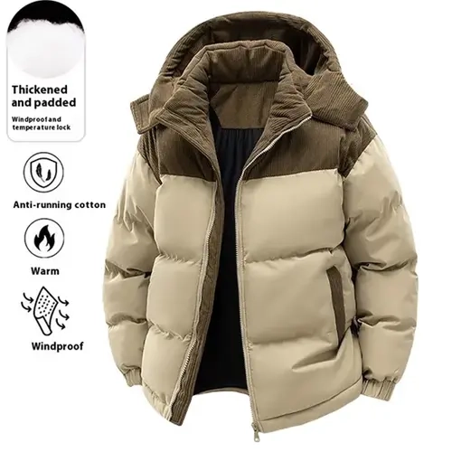 Men's Hooded Thick Long Sleeve Casual Coat - Minimalist Color-Block Menswear, Windproof Temperature-Retaining Winter Essential, Fitted Hooded Jacket