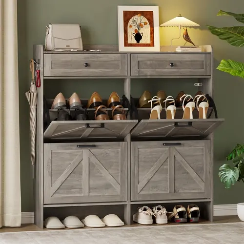 Anymaple 42" Wide Rustic Farmhouse Engineered Wood Shoe Rack Organizer - Slim Narrow Single Unit, 4 Flip Drawers, Anti-Tip Kit, 14-16 Pairs Capacity, Easy Setup, Compact Indoor Entryway Furniture (Father's Day Gift Option)