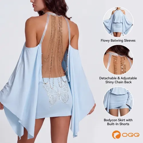 OQQ Women's Spandex Nylon Halter Backless Batwing Sleeve Bodycon Cocktail Romper Dress with Detachable Silver Bling Chain Straps, Above-the-Knee Sequin Metallic Formal Outfit for Birthdays, Cocktail Dress