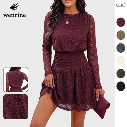 Wenrine Women's Fitted Crew Neck Long Sleeve Cotton Floral Lace A-Line Dress - High Waisted, Ruched, Slimming Flared, Lightweight, Breathable for Evening Party Dancing
