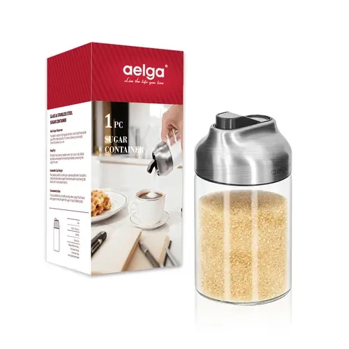 Aelga Minimalist Sturdy Glass Sugar Container (7oz) - Stainless Steel Auto Lid, Easy-Pour Spout, Weighted Pourer Kitchen Gadgets for Coffee Bar Use, Kitchenware Gift Idea