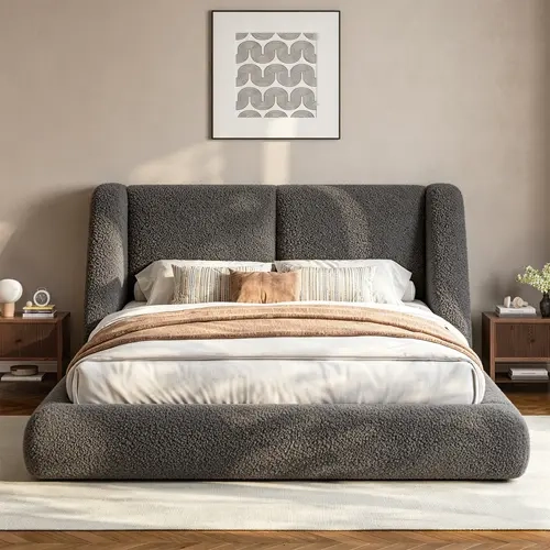 [15 Mins Assembly] Raybee Cloud Bed Frame with 5" Thick Ergonomic Wingback Headboard Soft Boucle Upholstered Low Profile Platform Bed, Bump-Resistant Rounded Corners, Anti-Slip Noise-Free, 880LBS Capacity for Bedroom, Dorms, Apartment, Beige, Black, Gray