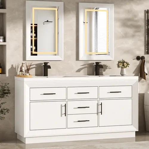 60" Bathroom Vanity w/Sink & LED Mirror & Faucet,Modern Bathroom Vanities Set w/ 3-Color Lighting, Curved Splash-Reducing Basin, Bath Vanity w/Large Storage Cabinet&Drawers,White/Rustic Brown