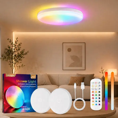 GIVRYES 2-Pack IP66 Waterproof Plastic LED Shower Lamps - Indoor Wireless LED Ceiling System with Touch Sensor, Remote Control, 10000mAh Rechargeable Batteries, Magnetic Mount, RGB LEDs for Bathroom Wet Areas