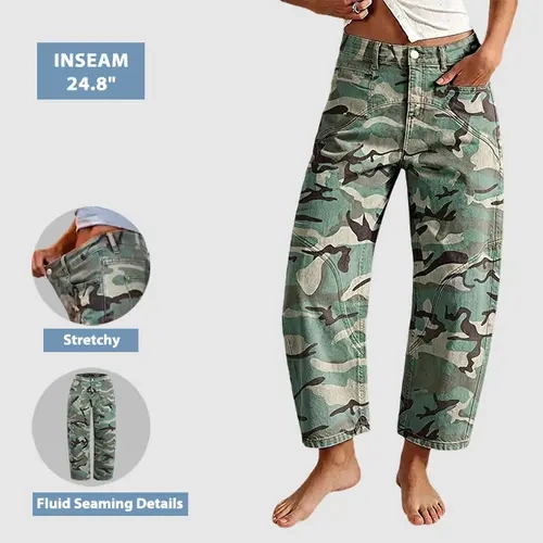 Flamingals Camo Pattern Stitch Detail Mid Waist Barrel Leg Crop Pants Womenswear Stretchy 24.8" Inseam