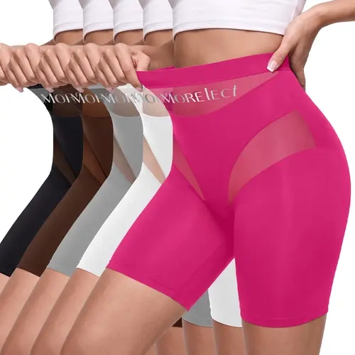 MORELECT Women's High Rise Panties - 3/5 Pcs Fashion Solid Color Polyester Blend Boyshorts, Sheer Mesh Inserts, Designer-Inspired, Brand Logo Waistband, Breathable Underwear for Women with Comfortable All-Day Fit