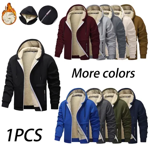 Men’s winter thickened fleece hooded jacket with full zipper; warm hoodie jacket with soft plush lining that is skin-friendly and comfortable. Casual outerwear suitable for home leisure, outdoor walks, and everyday wear in winter.