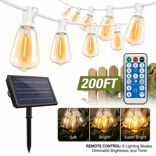 GLEAM Decorative LED String Lights - 100FT Solar Outdoor Patio Lights with Dimmable LED Bulbs, 8 Modes, Dusk-to-Dawn Infrared Sensor, Waterproof, Shatterproof, Energy-Efficient Smart Solar Rechargeable Decking & Patio Lighting, Dimmable Led Lighting