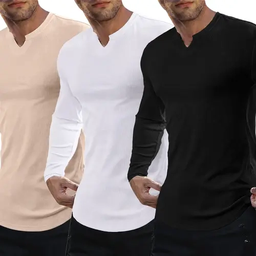 Gihuo 3PCS Mens 2026 Fall Fashion Casual Henley Shirt Long Sleeve T-Shirt V-Neck Longline Shirt Gym Workout Athletic Tee Shirts Menswear Casual Tops for Daily Outdoor Wear,Men's Streetwear Outfits
