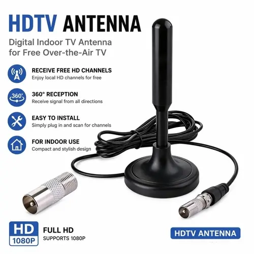 HWU Full HD Crystal Local Portable Metal Digital TV Antenna - Compact, Durable, Waterproof Indoor OTA Aerial with Magnetic Base, 3M Coaxial Cable, Rubber Connector, Adapter, Screen Noise-Reducing Cable TV Replacement for Renters’ Apartments, Basements