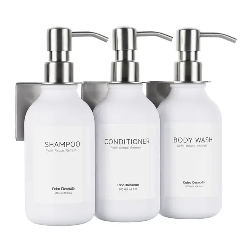 GLUMZRK Minimalist Sturdy 3-Chamber Shampoo & Conditioner Dispenser Set - Adhesive Tape Wall-Mount, No-Drill ABS Bathroom Accessory, 1500ml Refillable White PET Bottles, Silver Stainless Steel Press Pumps, Lightweight Waterproof Leak-Proof Spa Organizer