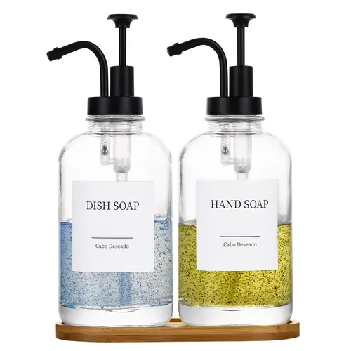 GLUMZRK 2-Pack Refillable Glass Soap Dispenser Set (500ml/18oz Each) - Rustproof Silver Smooth-Dispensing Pumps, Bamboo Vanity Tray, High-Precision Funnel, 18 Stickers, Foldable Design, Leak-Proof Countertop Organizer for Home Bathroom Kitchen Gift