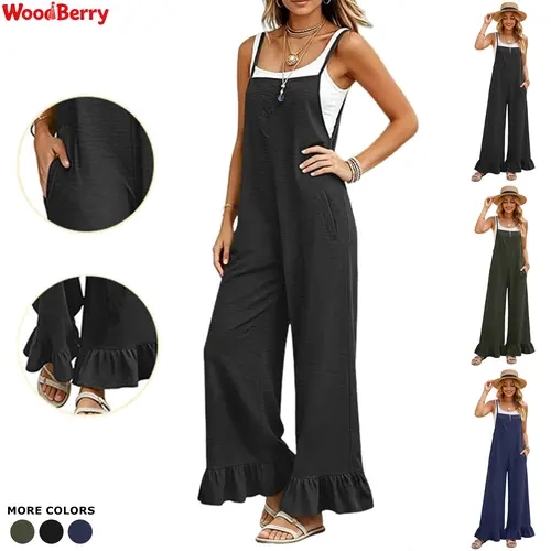 WoodBerry Women's Sleeveless Cotton Loose-Fit Loose Leg Overalls - Korean Boho Floral Print Full-Length Casual Chic Jumpsuits with Ruffle Hem, Line Dry, Low Iron, Clothes for Women Year-Round Womenswear