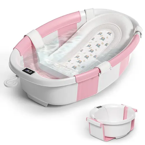 MOREFEEL Collapsible Toddler Bathtub Seat (0-3 Years/0-36 Months Newborns, 25% Larger 26.5x17.2x7.1in Spacious Size), PP+PVC Baby Bath Accessory with Built-in Temp Gauge, Supportive Cushion, Storage Bag, Wall Hook, Portable Pink Baby Shower Gift