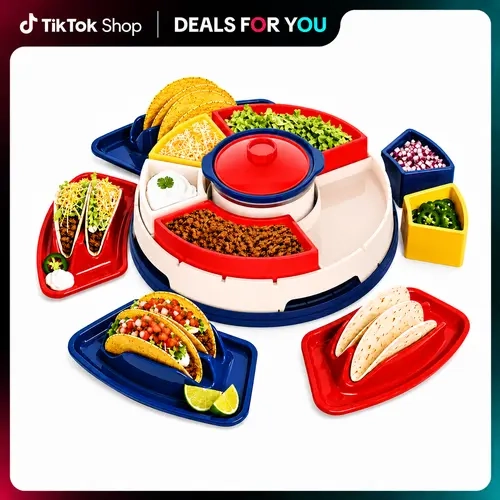 Heated Taco Bar Serving Set - Cooking Accessories Home Kitchen Accessory with Removable 20-oz Warming Pot, 6 Topping Trays, 4 Taco Holders, Rotating Base for Parties, Family Dinners