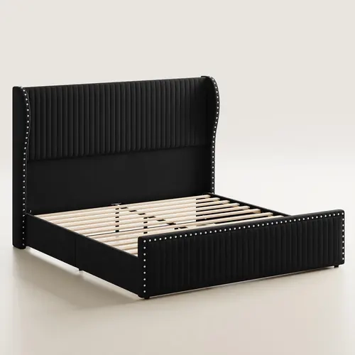 Belffin Queen Bed Frame with 55.1" Tall Headboard, Upholstered Soft Velvet Platform Bed with Nailhead Trim Wingback Design, Strong Wooden Slats, No Box Spring Needed, Noise-Free, Easy Assembly, White[tiktokshopbacktoschool][SohoChic]