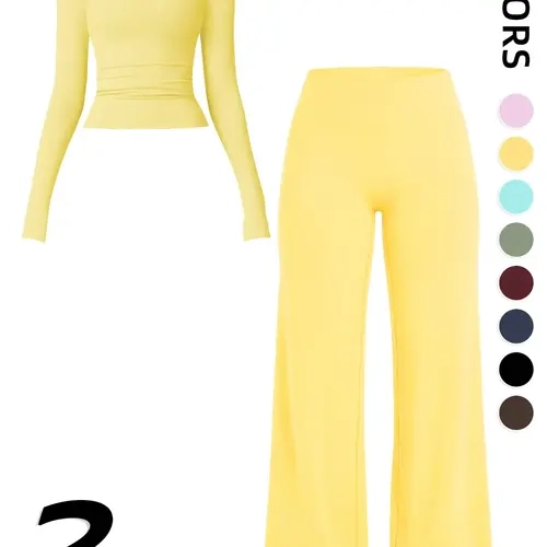 Women's 2-Piece Fitness Set, Fitness Outfits, Comfortable Long Sleeve Top & High-Waisted V-Back Yoga Pants, Casual Slim Fit, All Seasons