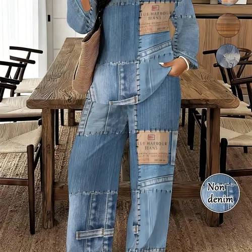 Plus Size Non-Denim Patchwork Two-Piece Set Casual Oversized Top & Wide-Leg Pants, Trendy Vintage Co-ords, Relaxed Fit Casual Ensembles, Stylish Denim-Print Patch Detail Party Casual Wear, for Winter