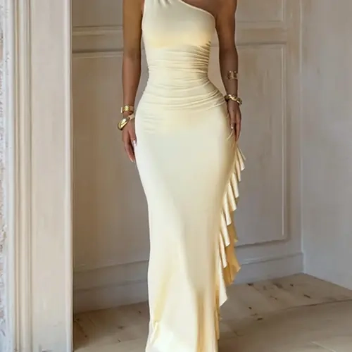 Elegant Asymmetrical Shoulder Pleated Split Dress, Irregular Party Dress, Chic Evening Gown with Unique Design, Perfect for Special Occasions & Parties