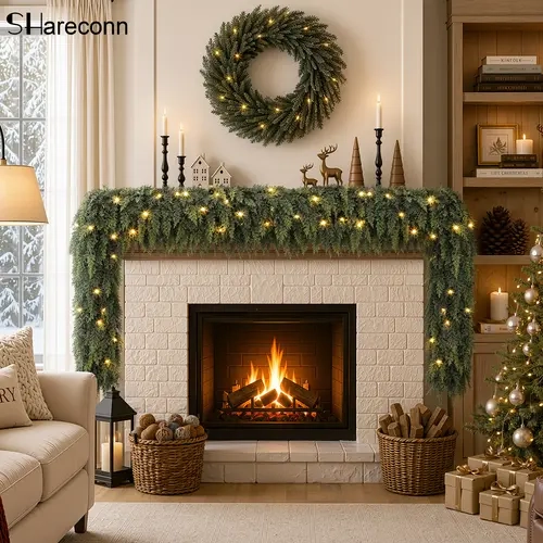 【Prelit】SHareconn 6/9FT Pre-Lit Artificial Christmas Cedar Garlands - Classic Greenery, Battery-Operated Color-Changing Lights, for Mantle, Wall Hanging, Outdoor Holiday Xmas Decorations