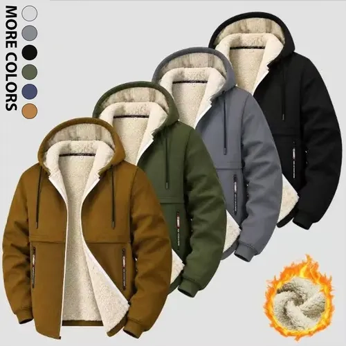 Men's Plain Long-Sleeve Zip Hoodie - 100% Polyester Tops, Wool-Lined Sweatshirt, Lightly Stretchable Regular Fit, Plus Size, Warm for Spring/Autumn, Hiking & Outdoor Activities, Beige/Black, Long-Sleeve Zip Men's Hoodies