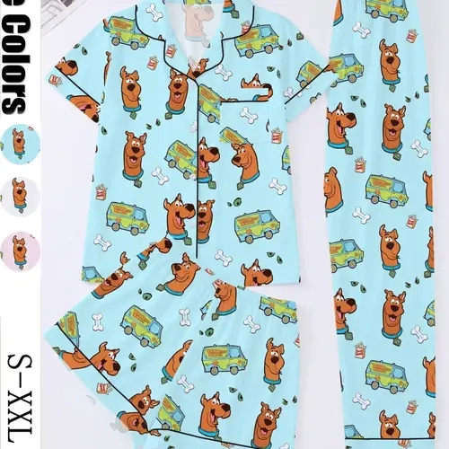 3-Piece Cartoon Dog Women's Pajama Set, Short Sleeve Button Shirt, Elastic Shorts and Pants, Comfortable Home Wear, Home Sleepwear Loungewear, Elegant Style