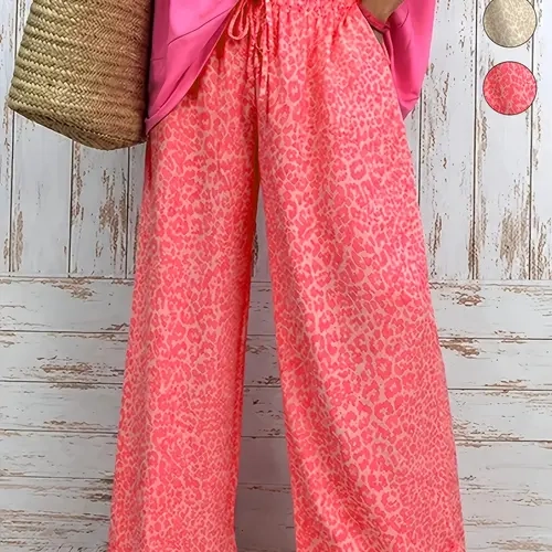 Plus Size Leopard Print Wide-Leg Pants Casual Drawstring High-Waisted Loose Trousers, Y2K Boho Clothes Summer Daily Wear Trendy Vibrant Bottoms, Comfortable Relaxed Fit Casual Ensembles, Stylish Bold Pattern Detail Party Casual Wear