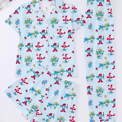 3-Piece Light Blue Smurfette Women's Loungewear Pajama Set, Short Sleeve Button-Down Top, Elastic Shorts & Pants, Comfortable Home Wear, Pajamas Sleepwear