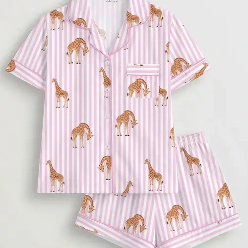 Women's Giraffe Print Pajama Set, Button Front Short Sleeve Top, Elastic Waist Shorts, Lightweight Breathable Summer Sleepwear, Loungewear Sleepwear, Pj Sets