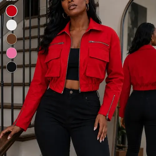 Women's Cropped Utility Jacket, Full-Zip Front with Chest Flap Pockets, Long-Sleeve Short Jacket with Elastic Hem, Streetwear Outerwear Coats