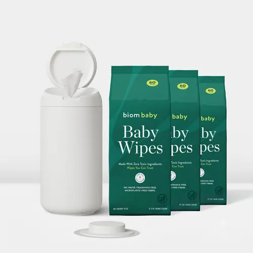 Biom Plant-Based Baby Wipes (180-Count, Fragrance-Free, Unscented) with 1-Handed Magnetic Lid Dispenser, Compact Portable Unisex Disposable Newborn Diaper Wipes, Refill Packs Compatible Design