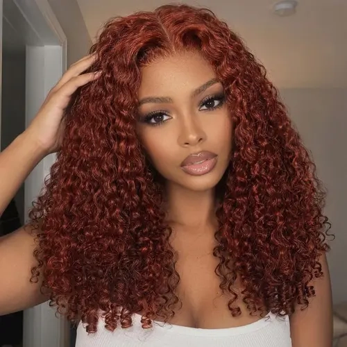 UNICE Glueless Reddish Brown Jerry Curly Wig with Finger Coils Ends ByeBye Slip 7x5 Lace Closure Human Hair Wigs with Drawstring Ready to Wear for Beginners Natural Looking Wig