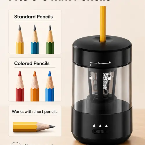 Cordless Auto In & Out Rechargeable Electric Multi-Tip Sharpener - 2000mAh, Type-C Charging, 3 Adjustable Tip Settings, Shaving View, Fits 6-8mm Graphite/Colored/Standard Pencils, Slim Compact, for Classroom Prep, Art Projects, Home Office, Black