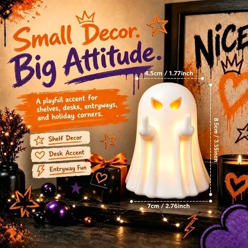 LED Halloween Ghost Figurine, Spooky Resin Middle Finger Ghost Decor Ornaments, Desktop Sculpture Halloween Decoration for Porch Home, Halloween Gifts