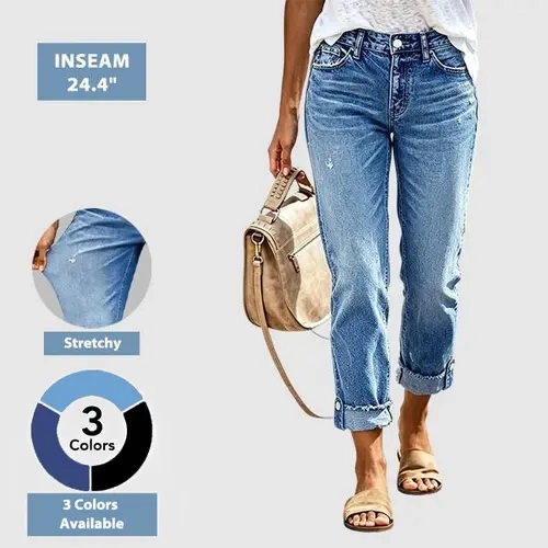 Flamingals Wash Button Tab Roll Hem Mid Waist Straight Leg Crop Jeans Womenswear Stretchy 25.2" Inseam