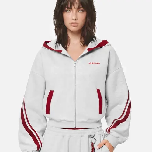 Aelfric Eden Boxy Stripe Zip Up Hoodie Red-White Contrast Stripe Design Hooded Zip-Up Closure Mini Brand Soft Fabric Retro Sporty Streetwear Unisex Outerwear